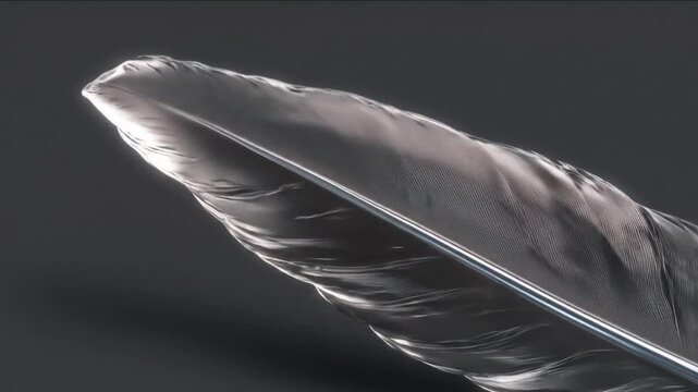 Close up of a single feather with metallic sheen against a dark backdrop