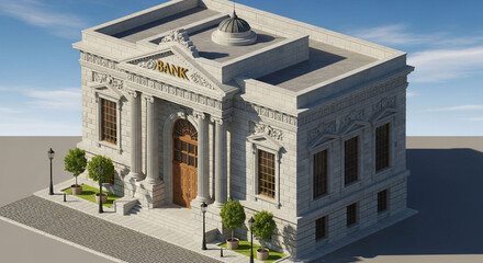 Architectural rendering of a classic bank building with ornate details, columns, and a dome, set against a blue sky for financial institution visualization