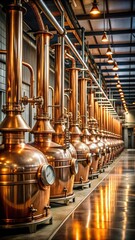 Distillery equipment and copper casks lined up in a long row inside a dimly lit warehouse