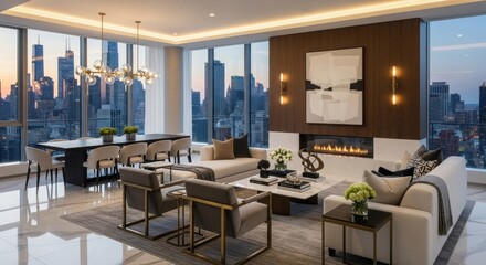 Luxury living room with city view and modern elegant decor