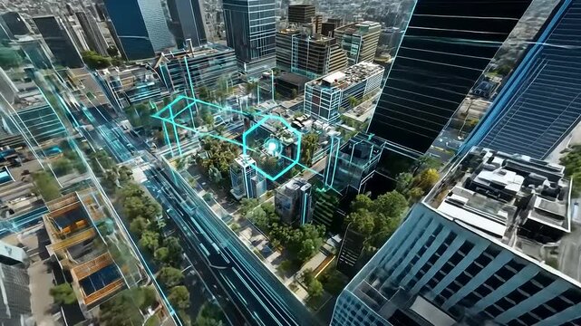 Aerial view of a futuristic urban landscape with digital overlays highlighting green spaces and buildings - Powered by Adobe