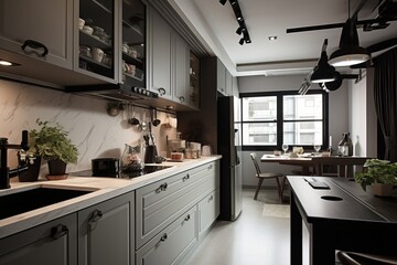 Modern dark grey kitchen with island