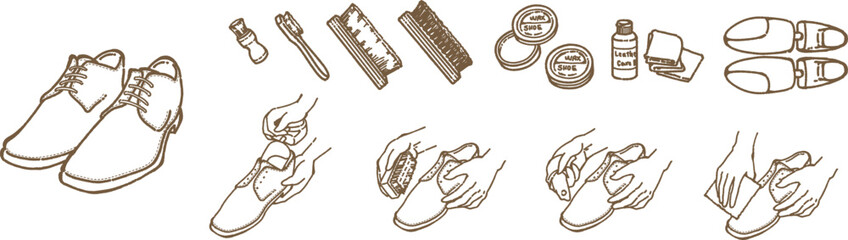 革靴のメンテナンスの手順と使用するアイテムの線画のイラストセット