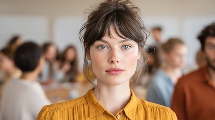 Confident Young Woman in a Collaborative Environment with Engaged Audience
