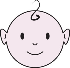 Cute baby face vector illustration with simple line art, smiling expression, curly hair, and round head. Perfect for icons, logos, child care, parenting, nursery, and baby products design.