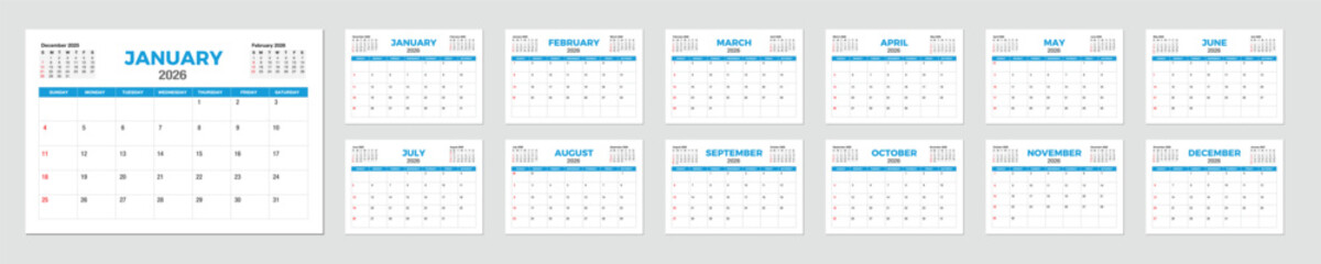 2026 Calendar Dairy. 2026 Monthly Planner Printable. Black with Blue Colour Template. Week Start on Sunday