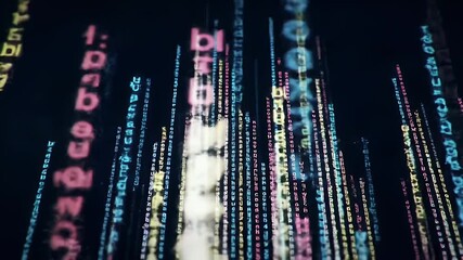 Animated Data Stream and Alphanumeric Characters Falling Down Against Dark Background at Eye Level Perfect for Tech Concepts and Cyber Security Representation in Digital World Data - Powered by Adobe