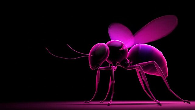 Glowing insect illustration on a dark background with vibrant pink and purple light