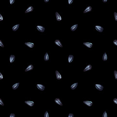 Seamless pattern background. Endless backdrop template. Black organic sunflower seeds, nutritious and delicious healthy food, raw material for oil production. Hand drawn watercolor illustration