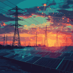 Futuristic smart energy grid infrastructure with solar panels, power lines, and digital network overlay at sunset. , vector style simple color
