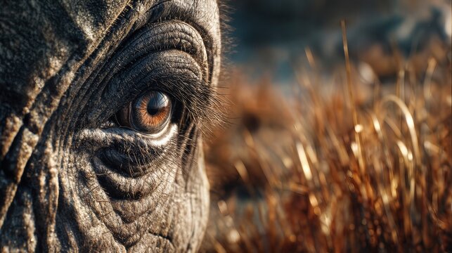 A close-up view of an elephant's eye, revealing a glimpse into its world with detailed textures and warm tones. Focus on the intricate details of the eye and the textures of its skin.