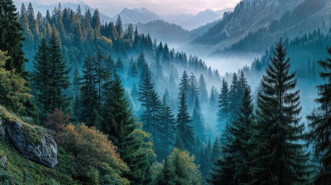 A breathtaking view of a dense forest with a misty atmosphere in a mountainous region, evoking a sense of tranquility and wilderness. The trees are tall and green.