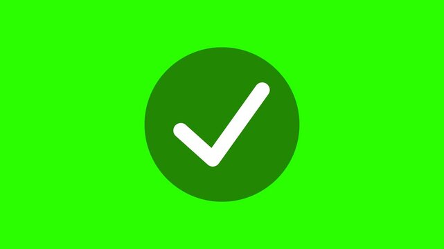 Green right tick check mark icon animation on green screen background chroma key