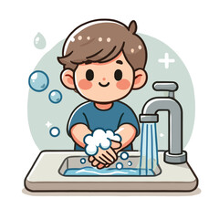 Illustration of a Boy Washing Hands with Water Bubbles