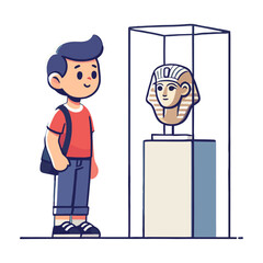 Boy Watching Ancient Sphinx Sculpture in Glass Display Case Inside Museum