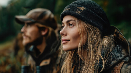 A beautiful couple gazing into the distance in a serene outdoor scene. They are both wearing hats and look very calm and happy