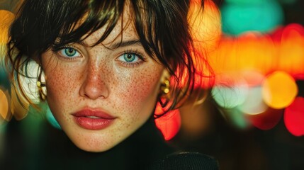Portrait of a young woman with striking eyes and freckles, illuminated by soft, colorful bokeh lights. Her gaze is captivating