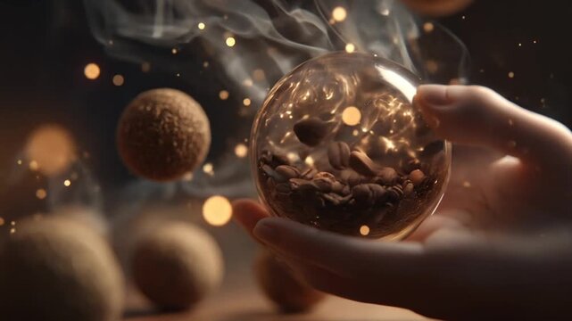 Artistic depiction of coffee beans inside a transparent sphere in a hand