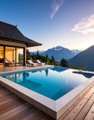 Modern home with infinity pool overlooking majestic mountains at sunset