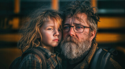 A tender moment between a father and child, embracing each other with a weary look. The image conveys a sense of endearment and a quiet moment of closeness