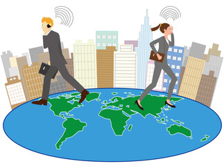 ビジネスマンが世界中のオフィス街でスマートフォンを使って仕事をしている。