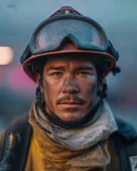 A determined firefighter gazing intently at the camera, wearing a helmet and protective gear. His serious expression reflects dedication