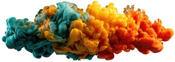 Abstract ink cloud explosion in teal, orange, and yellow colors
