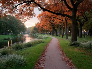 Fototapeta premium Autumnal Tree Lined Pathway Beside a River Illuminated by Warm Sunlight in Daytime
