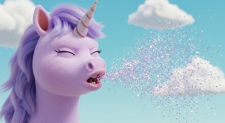 Whimsical animated unicorn breathing bubbles against a cloudy sky