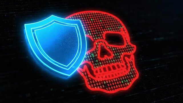 Digital skull with binary code protected by a glowing blue shield against cyber threats.