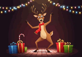 Festive Reindeer Dancing with Christmas Gifts and Lights. © mahameru