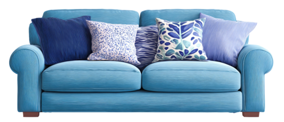 Light teal blue couch with patterned throw pillows