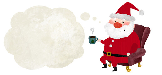 コーヒーを飲んで休憩しているサンタクロースと雲型吹き出しのクリスマスイラスト