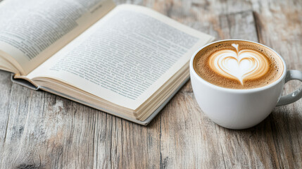 Cozy scene featuring steaming cup of cappuccino with heart latte art beside open book