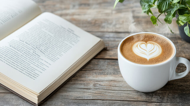 Steaming cup of cappuccino with latte art beside open book creates cozy atmosphere - Powered by Adobe
