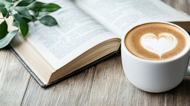 Steaming cup of cappuccino with latte art beside open book and green leaves creates cozy