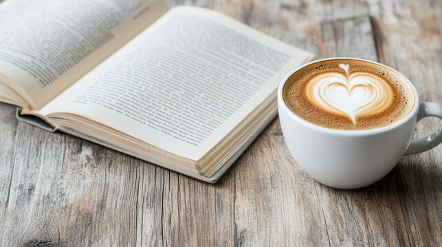 Cozy scene featuring steaming cup of cappuccino with heart latte art beside open book