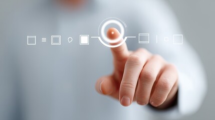 Businessman Interacting With Holographic Interface With Finger Touching Screen In Front Of Gray Background