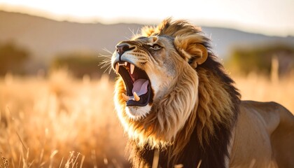 Naklejka premium Lion roaring in golden savanna