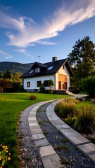 Modern house on a landscaped lot with a curving stone path leading to the entrance at sunset
