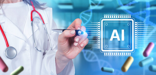Healthcare. Doctor with stethoscope using digital pen with AI icon, medical technology, artificial intelligence in medicine, innovation, pharmaceuticals.