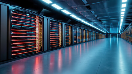 High tech server room with glowing cryptocurrency mining rigs and neon lights