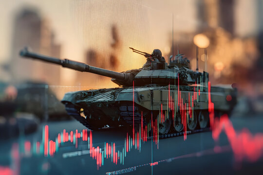 A military tank and stock market graphics, symbolizing defense and economic strength.