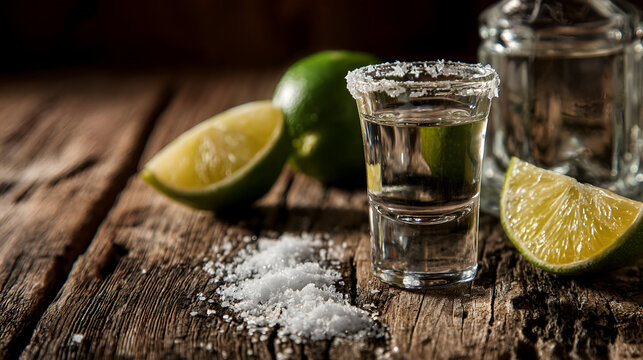 A refreshing shot of tequila served with lime and salt on a rustic wooden table.