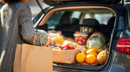 A person unloading fresh groceries from the trunk of a car on a sunny day.