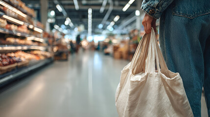 A shopper holding a reusable bag in a modern grocery store aisle with vivid displays.