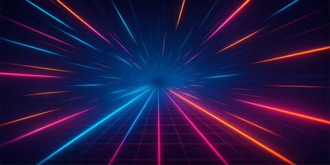 Bright, colorful abstract light bursts glow like a laser star explosion design on a black background, creating an energetic pattern with a disco shine