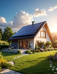 Modern house with solar panels, nestled in a landscaped garden, bathed in golden sunset light