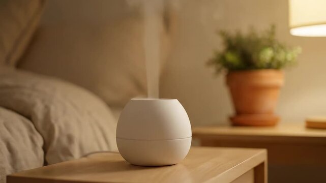An aroma diffuser releasing steam on a bedside table
