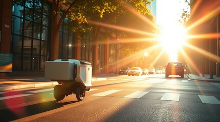 Robot delivery sunrise city street. (1)